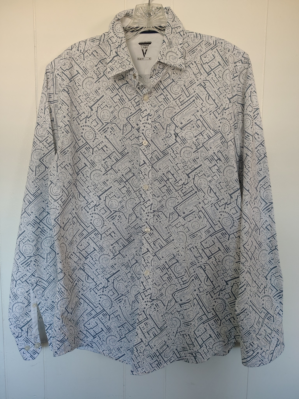 Van Heusen Denim Labs Mens Slim Fit Geometric Grey print Shirt Size 40 (M)